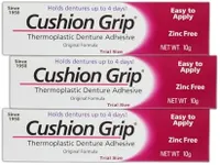 Cushion Grip Thermoplastic Denture Adhesive, 0.35 oz Travel Size (Pack of 3) – Refits and Tightens Loose Dentures for Up to 4 Days | Non-Glue, Zinc-Free, Waterproof Formula, Acts Like a Soft Reliner