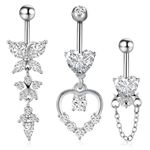 Meng Jiaran 3Pcs Belly Button Bars, Stainless Steel Dangle Belly Navel Bars Hypoallergenic Belly Button Piercing Rings Butterfly Heart Belly Piercing Jewllery