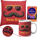 Ascension Swag Bro Printed Freeze Magnet Rakhi for Brother, Coffee Cup 350ml Mug & Decorative Pillow Cushion Cover & Filler with Tilak Card & Small Celebration (Red)