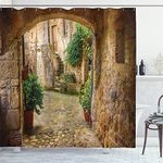 Ambesonne Scenery Shower Curtain, Landscape from Another Door Antique Style Stone Village Tuscany Italian Valley, Cloth Fabric Bathroom Decor Set with Hooks, 69" W x 70" L, Pale Brown