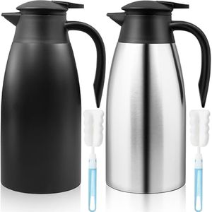 2 Pcs 68 oz Thermal Coffee Carafe Insulated Stainless Steel Coffee Carafe for Hot Liquids Vacuum Thermal Pot Creamer Carafe Dispenser with Brushes Keeping Hot 12 Hours (Silver, Black)