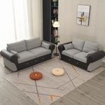 Panana 3 and 2 Seater Sofa Sets, Classic Fine Linen Fabric and Artificial Leather Corner Sofas For Living Room, Upholstered Suite Couch, Light Grey