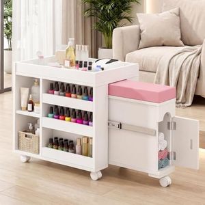 HolaiNail Pedicure Trolley Cart with Foot Rest, Extendable Mobile Pedicure Station Foot Stool Stand with Adjustable Shelves, Storage Cabinet & Wheels for Nail Tech Beauty Salon Spa & Home, 33.4" L
