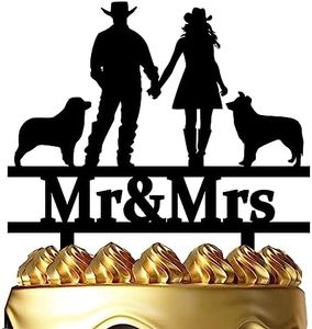 Cowboy and Cowgirl Wedding Cake Topper Romantic Bride and Groom With Shepherd Dog Cake Topper Funny Mr&Mrs Cake Topper For Wedding Anniversary Bridal Shower Praty Supplies