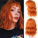 Leeven 14 Inch Bob Wig with Bangs Natural Curly Orange Wig for Woman Lolita Girls Synthetic Short Wig with Bangs Heat Resistant Hair Replacement Wigs for Cosplay Party Daily/Orange