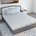 Divine Casa Dahlia Print 144 TC 100% Cotton Bedsheet for King Size Bed with 2 Pillow Covers | Size 270 x 270 cm, Color Dutch Blue