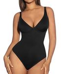 FeelinGirl Shapewear Bodysuit Tummy Control Slim Body Shaper Deep V Neck Thong Body Suits for Women(Black,M)