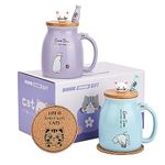 Cat Mugs Set of 2 Cute Cat Tea Cup Ceramic Coffee Mug with Kawaii Lid and Spoon Cute Mugs for Women Girls Cat Lovers 15oz/500ml Christmas Birthday Cat Gift Mug(2 Pack Purple and Blue)