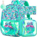 3Pcs Backpack for Girls, 16" Girls Flamingo Bookbag with Lunch Box，Waterproof Lightweight Kids Backpacks Set for Kindergarten/Preschool/Elementary School (Green)