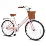 Goplus Beach Cruiser Bike for Women, 24/26 Inch Commuter Bicycle w/Basket, Rear Rack, Bell, Low Step Through Frame, Adjustable Seat, City Bike for Teens, Adults, Ladies (Pink,26 Inch)