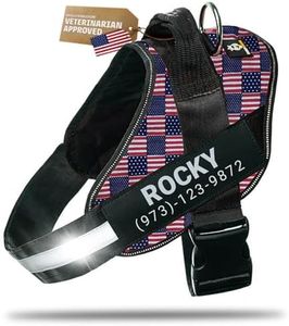 DOGGYKINGDOM Personalized Dog Harness with Custom Name Patches, No Choke, Reflective, Adjustable, Soft Padded Dog Vest Harness with Easy Control Handle for Large Dogs, US Flag, L