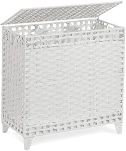 Laundry Hamper with 3 Removable Liner Bags; 132L Handwoven Rattan Laundry Basket with Lid & Heightened Feet; Clothes Hamper with Side Handles; Laundry Sorter with 3 Separate Sections (White)