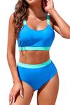 Adisputent Womens High Waisted Bikini Sets Sporty Crop Top Color Block Swimwear Bandeau Scoop Neck Vintage Two Piece Bathing Suits Blue M