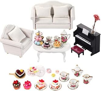 61 Pieces 1:12 Scale Dollhouse Accessories Set Dollhouse Food Miniature Dollhouse Living Room Furniture Include Porcelain Tea Kits Mini Kitchen Food Tiny Instrument Piano for Doll Toy House Decor