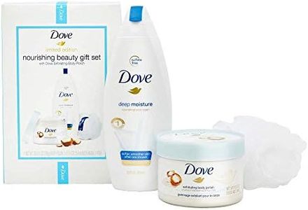 Dove Limited Edition Beauty Gift Set Exfoliating Body Polish and Moisturizing Body Wash with FREE Body Pouf Macadamia, Rice Milk and Deep Moisture