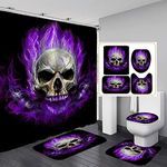 Jayden&Madge 4PCS/Set Flame Skull Shower Curtain, Fantasy Burning Skeleton Bathroom Decor, Waterproof Polyester Cloth Fabric Bath Curtain, Non-Slip Bathroom Mat Toilet Rug Black Bath Mat, Purple