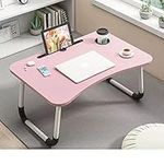 Laptop Bed Table | Lap Table Dorm Desk Notebook Stand Reading Holder | Serving Tray Dining Table with Cup Holder | Bed Tray Laptop Desk for Eating Breakfast (Pink With Cup Hold)