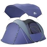 4 Person Easy Pop Up Tents, Waterproof Instant Family Tents with Large Skylight & Removable Rainfly, Automatic Easy Setup with 2 Windows Doors Camping Tent Sky for Hiking & Traveling Basecamp, Blue