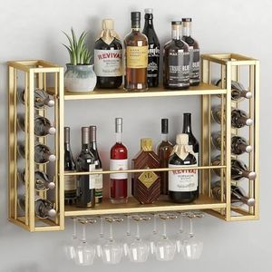 ZAOBAS Wall Mounted Wine Rack, Hanging Floating Bar Liquor Shelves with Glass Holder, Metal Bottle Holder Wine Storage Display Shelf for Home Bar, Gold