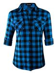 Oyamiki Womens Basic Long Sleeve Simple Check Top Classic Lightweight Plaid Shirt Blue/M