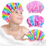 Shower Cap for Kids, 3 Pcs Kids Shower Caps for Girls, Cute Rainbow Double Layer Wide Elastic Band Silk Bonnet, Reusable Waterproof Toddler Shower Cap, Large Bath Cap for Kids Girls Women (Unicorn)