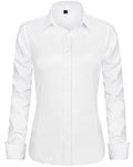 J.VER Women's White Long Sleeve Plain Dress Shirt Fitted Stretch Executive Office Work Business Casual Formal Shirt Blouse with Single Cuff S