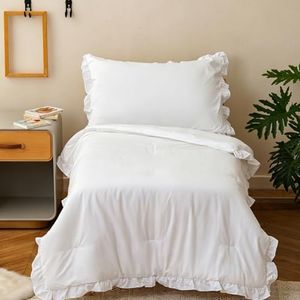 Wellboo Boho White Lace Toddler Bedding Sets for Girls Boys Solid Color Shabby Chic 4 Pieces Soft Crib Bed Set Including Comforter, Sheets and Pillowcase Kids Vintage Rustic Floral Ruffle Quilt Warm
