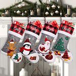 Elegantpark Personalized Christmas Stockings 1 Pack Plaid Christmas Stockings with Names Embroidery Burlap Large Xmas Stockings for Fireplace Hanging Grey Penguin Stockings for Family