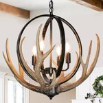 Debemenes Antler Chandelier 4 Lights, Rustic Farmhouse Chandelier with Resin 4 Antlers and Retro Metal Globe Chandelier Vintage Style for Dining Room, Kitchen, Hallway