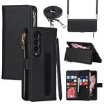 SunYoo for Galaxy Note Z Fold4 Zipper Wallet Case with Crossbody Wrist Strap,Coque for Samsung Z Fold 4 Card Holders,Leather Cover Lanyard Wristlet étui portefeuille for Galaxy Z Fold4 - Black