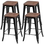 TANGZON Bar Stools Set of 4, Stackable Backless Bar Chairs with Solid Wood Seat & Footrest, Metal Frame Breakfast Counter Height Barstools for Kitchen Living Dining Room