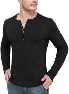 YTD Mens Muscle Slim Fitted Lightweight T Shirts Ribbed Anti-Wrinkle V-Neck Gym Workout Long Sleeve Henley Shirt M Black