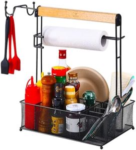 VIKEYHOME Grill Caddy, Picnic BBQ Organizer for Camping Outdoor Mesh Basket with 3 Hanging Hooks and Paper Towel Holder, Ideal Table Storage Tools for RV Camper/Tailgating/Flatware
