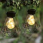 MAGGIFT 2 Pack Hanging Solar Lights, Outdoor Solar Powered Tabletop Lanterns with 15 LED Copper Lights Blub, Waterproof Solar Lantern with Handle for Yard, Lawn, Patio, Garden Decoration, Warm White