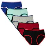 INNERSY Girls Period Pants First Starter Kit Cotton Menstrual Underwear for Young Teenager 5 Pack (12-14 Years, Black/Blue/Red/Grey/Green)