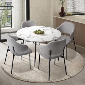 Oikiture Dining Table and Chairs Set with Marble Round Dining Table and Fabric Dining Chair Set of 4 Grey