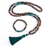 Hovaete 108 Mala Prayer Beads Necklace 8mm Natural Stones Meditation Yoga Jewelry Sets 108 Hand Made Japa Mala Beaded Long Tassel Necklace with Tassel Pendant for Men and Women, Stone, Tigers Eye