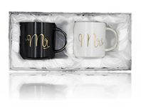 Cheardia 12 oz Mr and Mrs Mugs, Ceramic Coffee Mug Set Engagement Gifts for Couples, His and Hers Mugs for Bride and Groom, Anniversary, Valentines, Bridal Shower, Wedding, Black & White