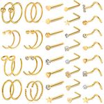 ONESING 40 PCS 20G Nose Rings for Women Nose Piercings Jewelry L Shaped Nose Rings Hoops Nose Studs Screw 316L Gold Stainless Steel for Women Men