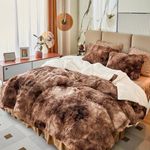FlySheep Luxury Faux Fur Shaggy Fluffy Comforter Set Queen Size Mixed Coffee Brwon and White Long Hair, Plush Sherpa Backing Reversible Bedding Set Super Warm for Winter
