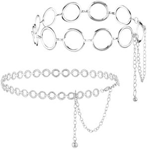 Ceinture Chaîne Femme 2 Pièces Ceinture Chaîne Argent Chaîne de Taille en Métal pour Femme Ceinture à Maillons de Corps Réglable Ceinture Rond-Point Argent Femme Chaîne de Taille pour Robes en Jean