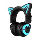 YOWU RGB Cat Ear Headphone 3G Wireless Bluetooth 5.0 Foldable Gaming Headset with 7.1 Surround Sound, Built-in Mic & Customizable Lighting and Effect via APP, Type-C Charging Audio Cable-Black