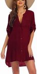 AI'MAGE Women's Swimsuit Cover Ups Shirt Button Down Bathing Suit Beach Coverup V-Neck Bikini Swimwear Dress, Wine Red, XLarge