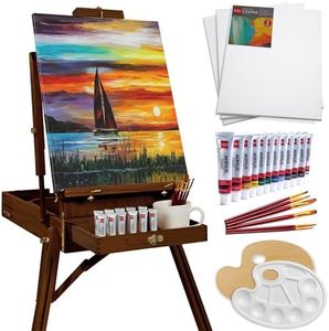 Best Choice Products Art Easel for Painting, Portable Wooden Adjustable Artist Tripod with Sketch Box, 32-Piece Art Set with Acrylic Paints, Brushes, Canvases & Palette - Walnut