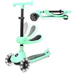 SereneLife Kids Scooter for Ages 3–7 – 3 Wheel Kick Scooter with Seat Option, Light-Up LED Wheels, Lean-to-Steer, Foldable, Adjustable Height, 50 kg Capacity, Mint Green