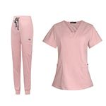 Baoblaze Female Scrub Set, Durable Short Sleeves v neckline Top and Pants Work Clothing, Pink, M