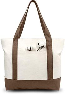 TOPDesign Stylish Canvas Tote Bag with an External Pocket, Top Zipper Closure, Daily Essentials (Brown/Natural)