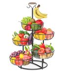 PouHenier.jh 5 Tier Fruit Basket Bowl for Kitchen with Banana Hanger, Large Capacity Metal Wire Countertop Vegetables Storage Rack, Detachable Produce Stand Holder Organizer for Bread Snack(Black)