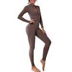 Litthing Women Yoga Jumpsuit Sports Romper Long Sleeve Unitard Stretchy Playsuit Ribbed Knit Zip Up Workout Outfit Slim Fit One Piece Bodysuit Fitness Sportswear Daily Wear