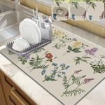 LOKHOM Dish Drying Mat for Kitchen Counter, 18"x24" Absorbent Coffee Bar Mat with Vintage Sage Flower Herbs, Dish Drainer Rack Mats for Kitchen Counter Coffee Maker Coffee Pot Dining Room Decoration